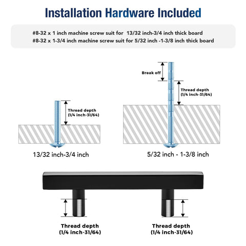 Installation diagram for Matte Black Square Cabinet Handles 30 Pack Stainless Steel Pulls showing screw sizes and thread depths.