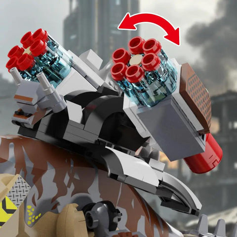 725 Piece Mechanical Dinosaur Attack Set With Tyrannosaurus Rex, Pterosaur And Off Road Vehicle In A Dino Park World Build Kit For Ages 6 To 14 And A Great Birthday Gift For Boys And Girls. Mechanical T-Rex head close-up, plastic build with red rocket parts