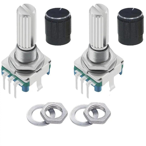 Ultimate 5 Pack EC11 Rotary Encoders With Push Button 360 Degree Turn, 5 Pins, Knob Caps, Detent Steps And Smooth Click
