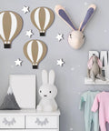 Nine Piece Boho Hot Air Balloon Nursery Wall Decor Kit With Wooden Signs And Star Shapes Comes With 100 Clear Adhesive Dots