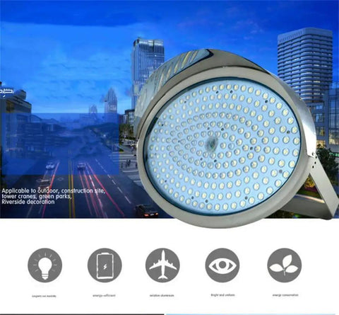 Heavy Duty Waterproof Floodlight Featuring Super Bright Projection Lamp And Rechargeable Work Light For Job Sites Built Like A Tank For Rugged Outdoors 600W Industrial Yard Spotlight, close-up view with LED lens.