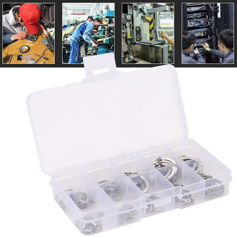 Open box of 304 Stainless Steel Snap Ring Set 100 Pieces C Type Circlips Assortment Kit for mechanical and auto projects.