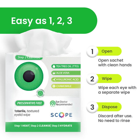OPTASE TTO eyelid cleansing wipes box front view with green eye graphic and step-by-step directions