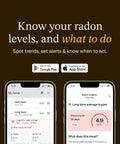 Straight Up Smart Digital Radon Detector Featuring Bluetooth Connectivity And Built In Temperature Humidity Sensors For Continuous Portable Home Air Quality Testing on smartphone showing app interface.