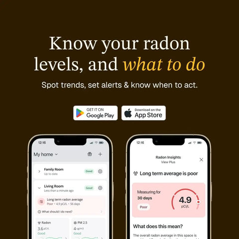 Straight Up Smart Digital Radon Detector Featuring Bluetooth Connectivity And Built In Temperature Humidity Sensors For Continuous Portable Home Air Quality Testing on smartphone showing app interface.