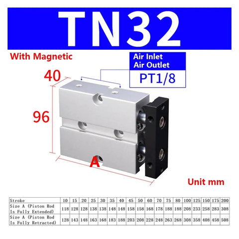 Built Tough Shop Ready Dual Rod Air Cylinder Rock Solid Guided Pneumatic Actuator featuring smooth double acting piston, TN32 model.