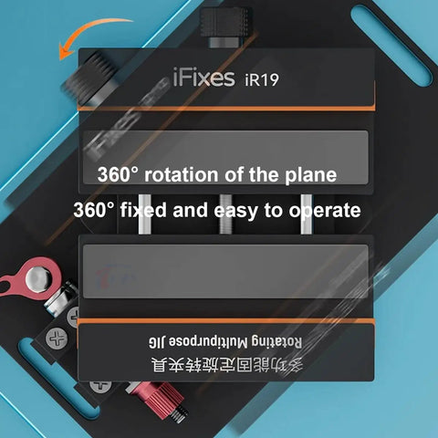 Top view of Phone Back Cover Glass Separator Clamp for iPhone and Android showing 360-degree rotating tool with labeled features.