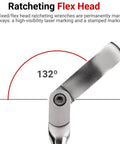 132° ratcheting flex head detail of Seven Sixteenth Inch Long Fixed And Ratcheting Box End Wrench With Dual Head 12 Point Flex Head And Fixed Head