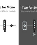 Diagram showing Bluetooth XLR Receiver For Audio Mixers, Wireless Audio Stream To XLR Male Output for mono and stereo audio.