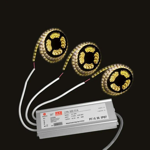 LED Driver 300W Power Transformer for Outdoor LED Lighting 12V DC Output Up To 25A IP67 Waterproof with LED strips connected