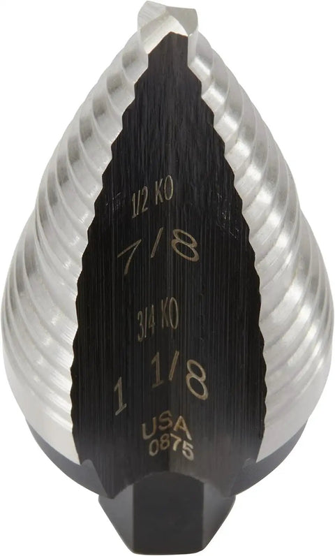 Close-up of Step Drill Bit Unibit Set Irwin Tools for Thin Materials Like Stainless Steel and Copper, showing size markings.