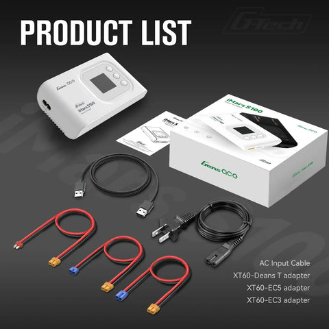 Imars S100 G Tech Series 100W LiPo Battery Charger with cables and adapters, plug and play, white finish, for RC LiPo packs