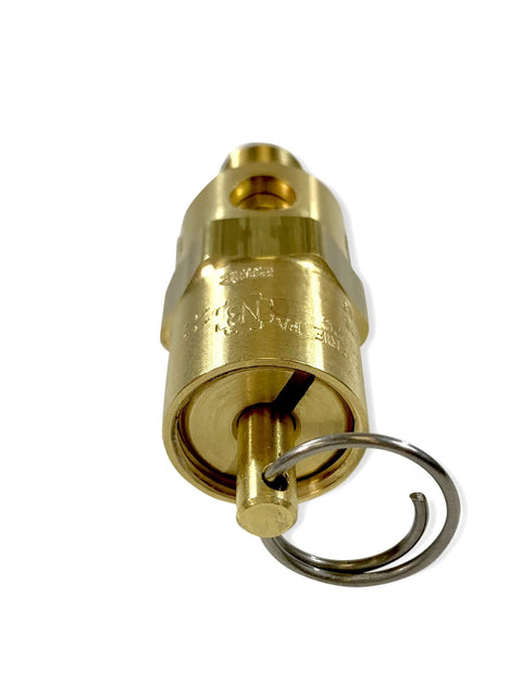 Front view of brass 1/8 in NPT industrial hard-seat safety pressure relief valve with key ring