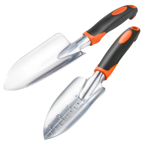 Two Pack Garden Shovel And Trowel Set Heavy Duty For Digging And Planting Includes Wide Trowel With Measurement Mark And Compact Hand Shovel