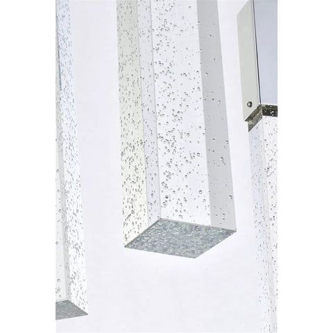 Detail of clear seeded crystal bars from a Modern 16 Light Chrome Ceiling Pendant With Glowing Crystal Accents.