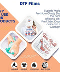 Premium DTF Transfer Film 13X19 Matte Clear PET Heat Transfer Paper image showing product application on fabrics and design details.