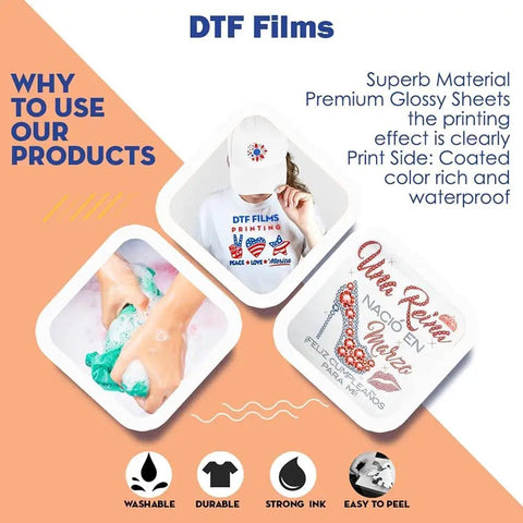 Premium DTF Transfer Film 13X19 Matte Clear PET Heat Transfer Paper image showing product application on fabrics and design details.