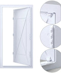 No Hassle Drywall Access Panel, 14 X 29 Inch Abs Plastic Removable Wall Cover showing inner structure and hinge details.