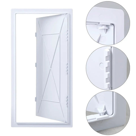 No Hassle Drywall Access Panel, 14 X 29 Inch Abs Plastic Removable Wall Cover showing inner structure and hinge details.