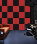 Solid Soundproof Foam Panels For Home Studio Acoustic Wall Tiles With Beveled Wedge Design, red and black tiles on wall.