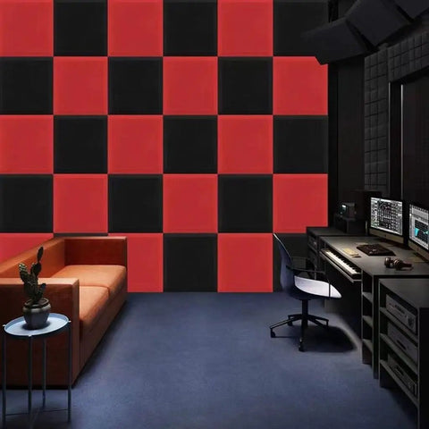 Solid Soundproof Foam Panels For Home Studio Acoustic Wall Tiles With Beveled Wedge Design, red and black tiles on wall.