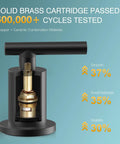 Solid brass cartridge of matte black two handle 8 inch widespread bathroom faucet with performance metrics highlighted.