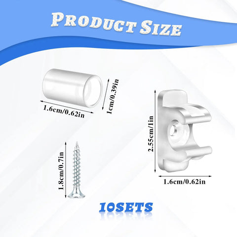 Product dimensions of 10 Pairs False Drawer Front Clips With Screws For Cabinet Installations, showing clip and screw measurements