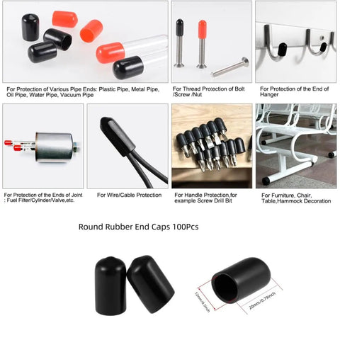 Round Rubber End Caps Set Of 100 For 1/2 Inch Inner Diameter 12mm Vinyl Flexible Screw Thread Protectors Black For Metal Tubing Rod Bolts Furniture Feet Cables, black 12mm end caps on pipes, bolts, cables, and furniture feet