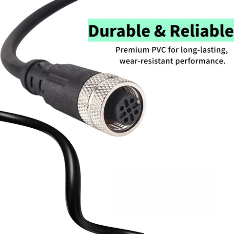 Close-up of M12 5 Pin Waterproof Sensor Cable, PVC Industrial Connector Wire with IP67 protection for factory automation.