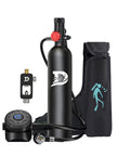 Mini Scuba Tank 1L For Short Dives, aluminum cylinder with valves, DOT certified, black with accessories, for training and practice.