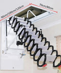 Heavy Duty Electric Attic Ladder Packing Foldable Retractable Steps And Slick Space Saving Design For Smooth Indoor Outdoor Access showing installation above ceiling.