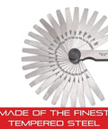 Pro Grade Tempered Steel Thickness Gauge With Easily Removed Leaves, fanned view showing all 26 leaves.