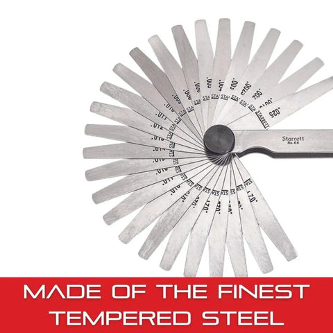 Pro Grade Tempered Steel Thickness Gauge With Easily Removed Leaves, fanned view showing all 26 leaves.