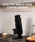 Top Tier Electric Single Dose Coffee Grinder With 63mm Conical Burrs on kitchen counter, brewing espresso with fresh coffee.