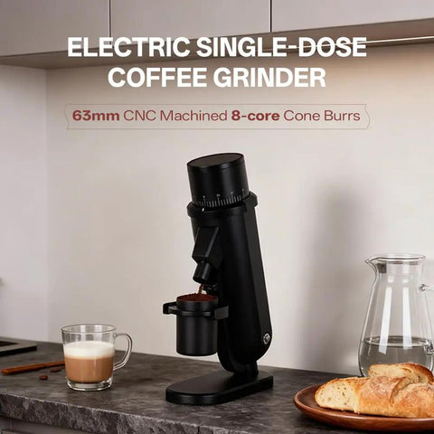 Top Tier Electric Single Dose Coffee Grinder With 63mm Conical Burrs on kitchen counter, brewing espresso with fresh coffee.