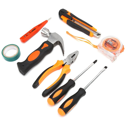 9 Piece Home Repair Tool Kit with screwdrivers, pliers, hammer, utility knife, digital electric pen, ruler, electrical tape, DIY projects