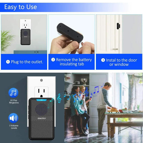 Wide Range Dope Wireless Door Chime System With 600 Ft Coverage, setup instructions, plug-in receiver, and door use illustration