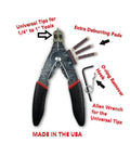 Just Clips Snap Ring Tool Kit With Clips And O Rings Snap Ring Pliers And Pro Grade Patented ClipKey For One Quarter To One Half Inch Rings Universal Tips For Pneumatic And Cordless Impact Wrenches Installation Made Easy showing pliers, O-ring remover, and deburring pads