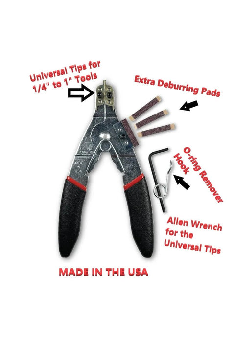 Just Clips Snap Ring Tool Kit With Clips And O Rings Snap Ring Pliers And Pro Grade Patented ClipKey For One Quarter To One Half Inch Rings Universal Tips For Pneumatic And Cordless Impact Wrenches Installation Made Easy showing pliers, O-ring remover, and deburring pads