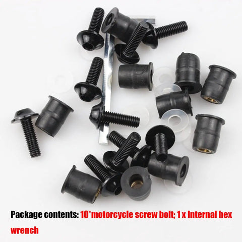 Heavy Duty Motorcycle Windshield Bolt Kit 10 Pack Black Aluminum Alloy Screws assortment with internal hex wrench included.