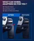 Before and after comparison showing One Inch Thick Wheel Adapters Lug Centric Bolt Pattern Converter for 5x4.5 to 5x5.5 setups.