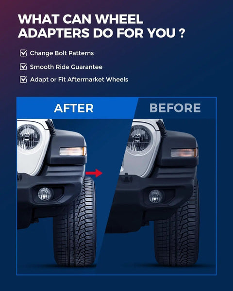 Before and after comparison showing One Inch Thick Wheel Adapters Lug Centric Bolt Pattern Converter for 5x4.5 to 5x5.5 setups.