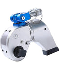 Heavy Duty Hydraulic Torque Wrench Delivering Killer Precision And Built Tough Steel Durability For No Nonsense Industrial Projects Featuring A Huge 1553 To 15528 Nm Range Plus Rock Solid One Half Inch Square Drive, silver body with blue fittings.