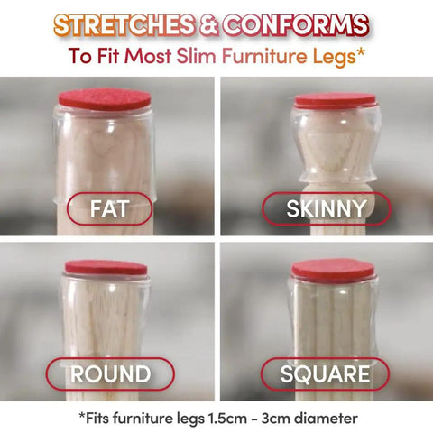 Stretchable Chair Leg Protectors For Hardwood And Tile Floors, No More Gnarly Screeching, Easy Glide, Scratch Prevention, Fits Small Furniture Legs And Most Shapes, 8 Count Pack displayed on various leg shapes
