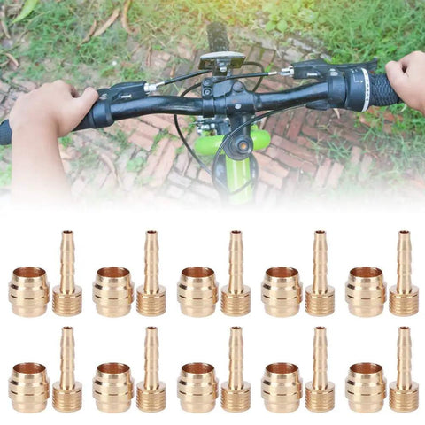 10 Piece Copper Alloy CNC Machined Bike Hydraulic Brake Hose Kit With Olive Connectors For Magura Barb And Olive Disc Brake System Durable High Performance Line Set For Easy Fit And Long Life, shown with bike handlebars