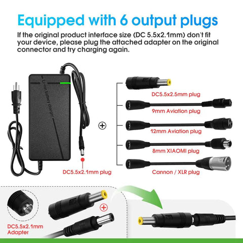 Premium Rock Solid 58.8 Volt 5 Amp Lithium Battery Charger With Hella Fast Quick Charge Circuit, with six output plugs and adapters.