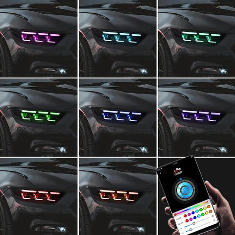 Ford Mustang Headlamp Upgrade With Sequential Animation, multi-color LED lights and control app for 2015-2026 Mustang GT