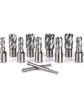 Oscarbide 13-piece annular cutter set, Weldon shank; front view, diameters 7/16–1-1/16 in, includes two pilot pins.