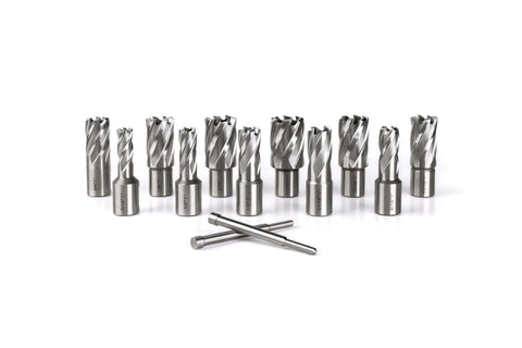 Oscarbide 13-piece annular cutter set, Weldon shank; front view, diameters 7/16–1-1/16 in, includes two pilot pins.