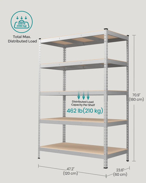 Heavy Duty Five Tier Steel Storage Shelves Packed With Solid Four Hundred Sixty Two Lb Per Shelf Capacity No Sweat Boltless Setup Adjustable Rack For Garage Shed Real Deal Steel Rack Silver Beige Accent